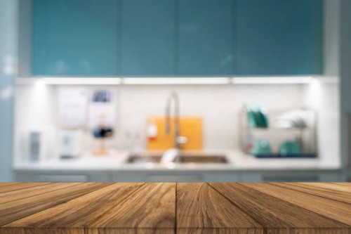 wood table top on blur kitchen wall room background - food stock pictures, royalty-free photos & images