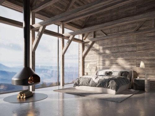 wooden cabin bedroom - home decoration stockfoto's en -beelden