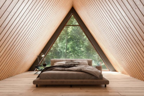wooden tiny house interior with bed furniture and triangular window. - fashion stock pictures, royalty-free photos & images