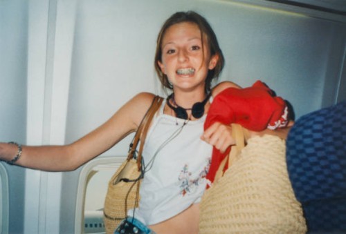 y2k fashion teen with braces, nervous woman in airplane 2000s style anxiety - fashion stock pictures, royalty-free photos & images
