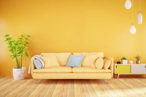 yellow living room with sofa - home decoration stock pictures, royalty-free photos & images