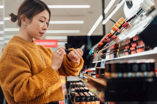 young asian woman trying on lipsticks while shopping makeup products at beauty store - fashion stock pictures, royalty-free photos & images