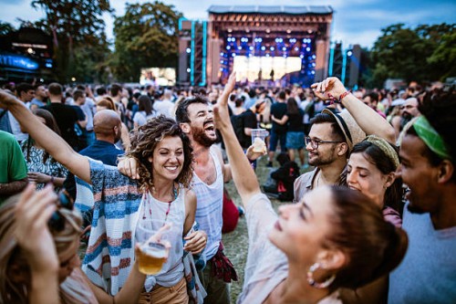 young cheerful friends dancing on a music festival. - concert stockfoto's en -beelden