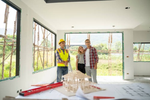 young couple and their agent examining blueprints at construction site. - home decoration stock pictures, royalty-free photos & images