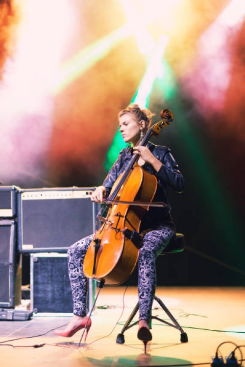 young female cellist playing on a stage at the concert - concert stock pictures, royalty-free photos & images