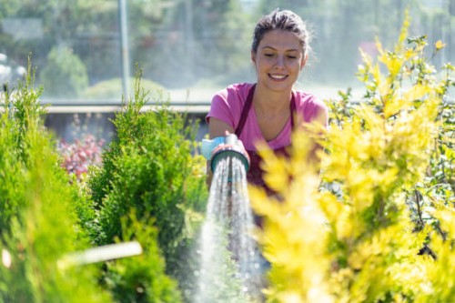 young florist watering the flower pots - garden decoration stock pictures, royalty-free photos & images