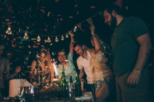 young friends at birthday party - garden decoration stock pictures, royalty-free photos & images