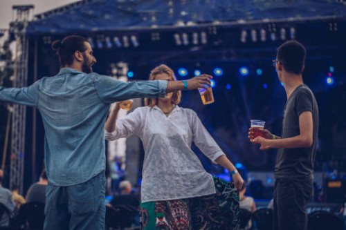 young friends having fun at music festival - concert stock pictures, royalty-free photos & images