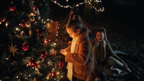 young girl looking at her beautifully decorated christmas tree - garden decoration stock pictures, royalty-free photos & images
