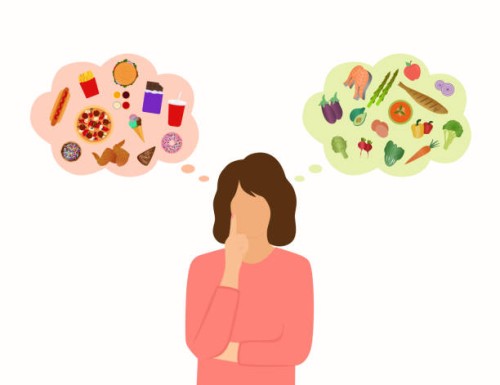 young woman choosing between healthy or unhealthy food - junk food stock illustrations