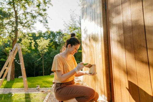 young woman painting an exterior wall of a wooden house - home decoration stock pictures, royalty-free photos & images
