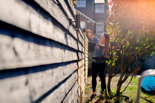 young woman painting garden fence in the sun - home decoration stock pictures, royalty-free photos & images