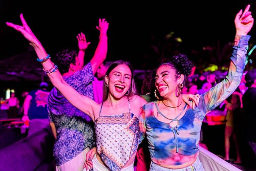young women during party outdoors - concert stockfoto's en -beelden