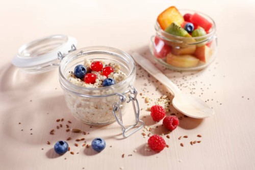 zero waste porridge lunch with fruits salad in a glass container - junk food stock pictures, royalty-free photos & images